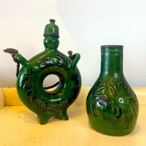 Ornate Vintage Green and Black Ring Decanter & Matching Vase/Carafe Set
